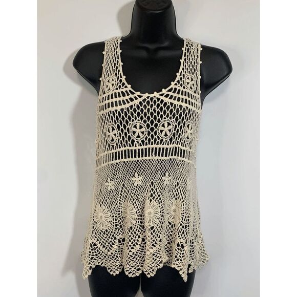 It's Our Time Womens Cream Crochet Flower Shirt Cover Up Small - Picture 1 of 9